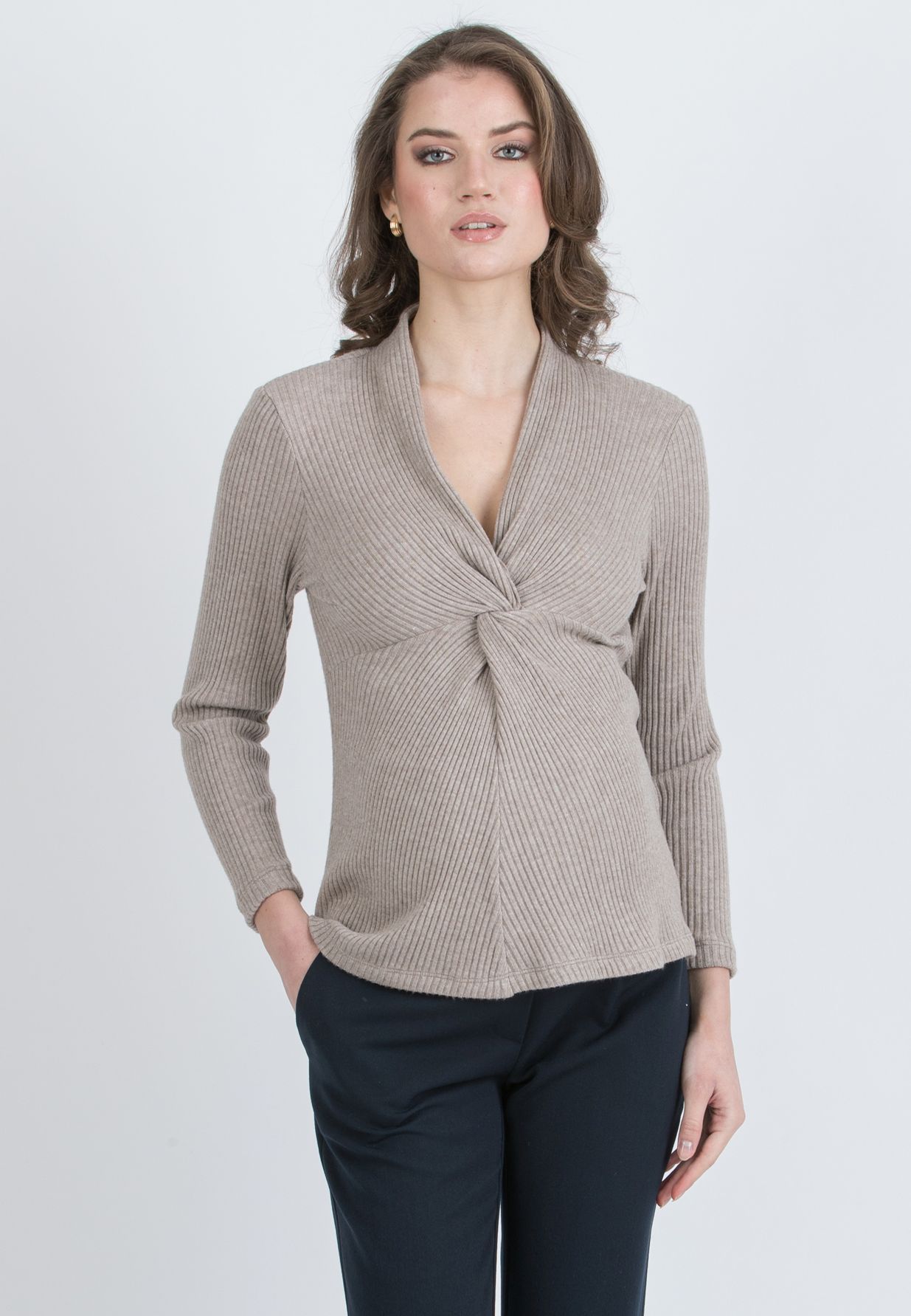 ISSA M – Maternity & Nursing Ribbed Knit Top with Knot Detail (Marrone Melange)