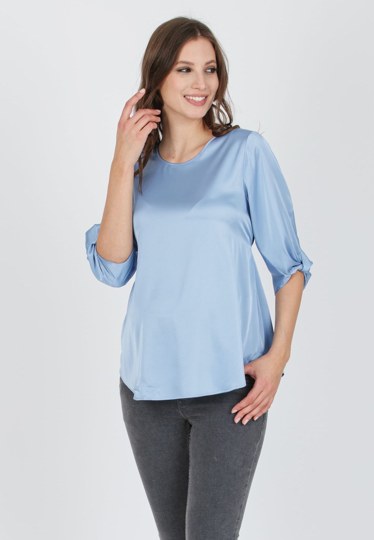 SYDNEY - Maternity Satin Blouse with Knot on Sleeve Bottom (Azzurro)