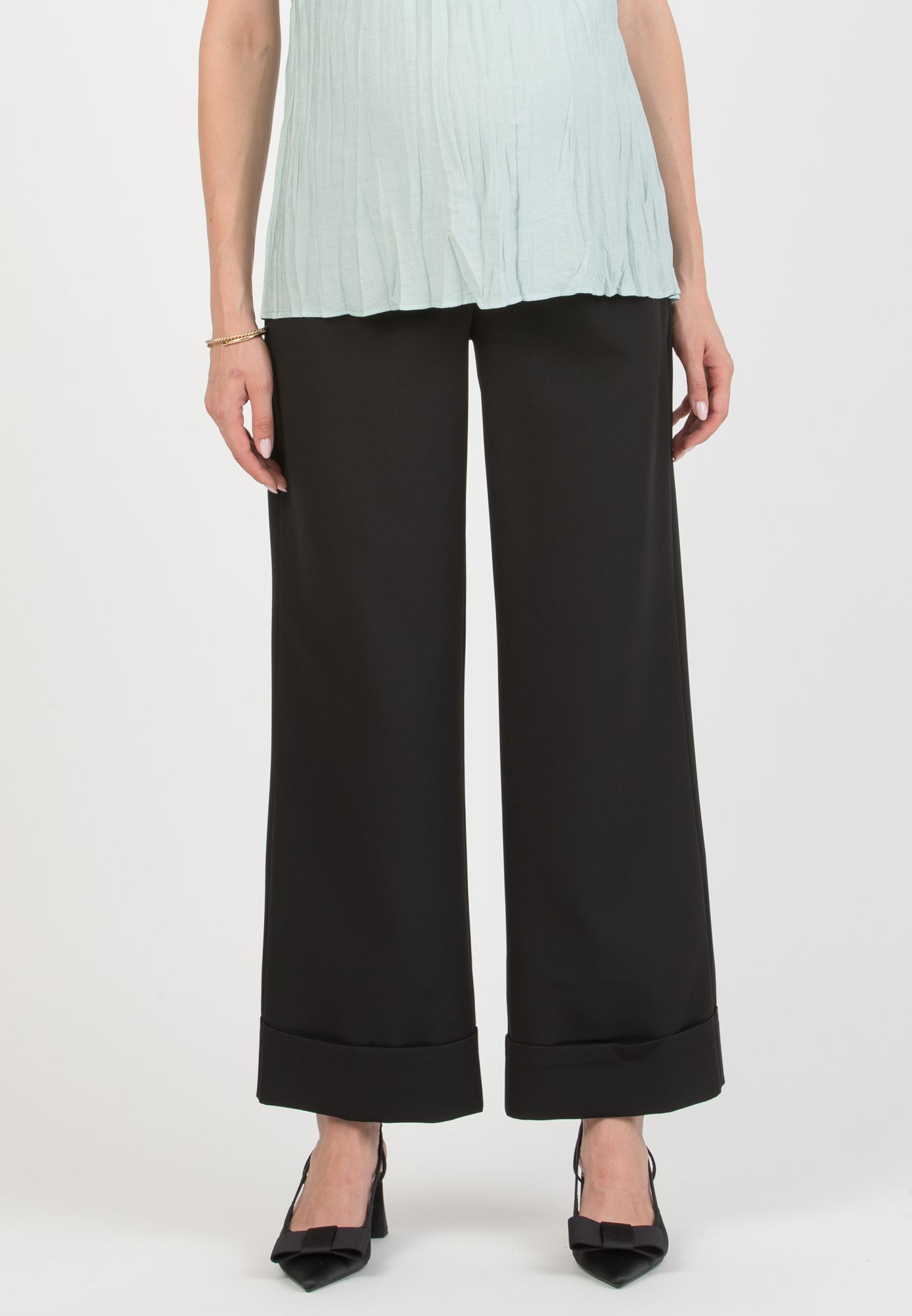 ROBY – Maternity Palazzo Trousers in Cady with Turn-Up Hem (Nero)