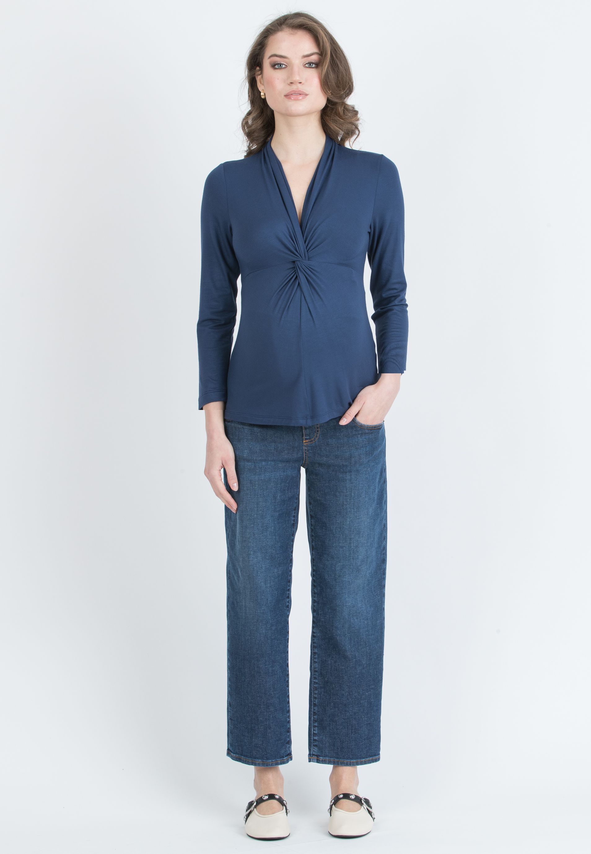 ISSA J – Maternity & Nursing Top in Stretch Viscose Jersey with Front Knot (Blu)