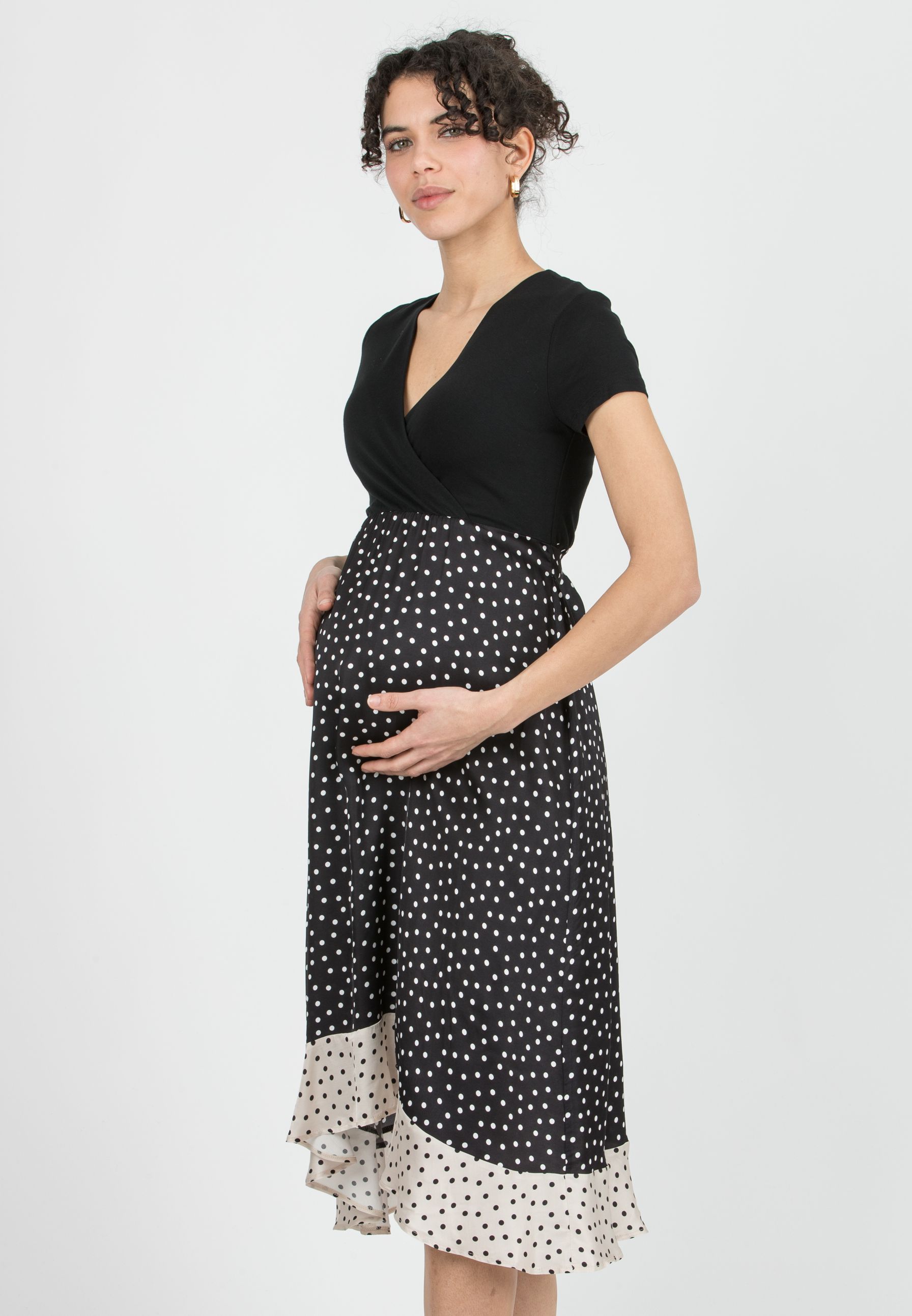 MARTA P - Maternity & Nursing Midi Dress with Polka Dot Skirt and Contrast Hem (Nero)
