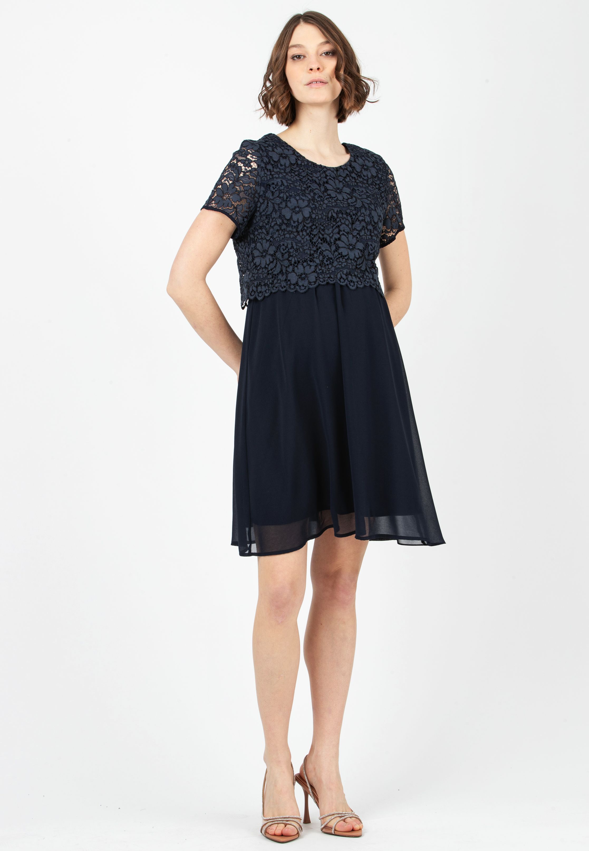 ELEONORA M/M GRS - Maternity & Nursing Dress in Lace and Recycled Chiffon (Blu Scuro)