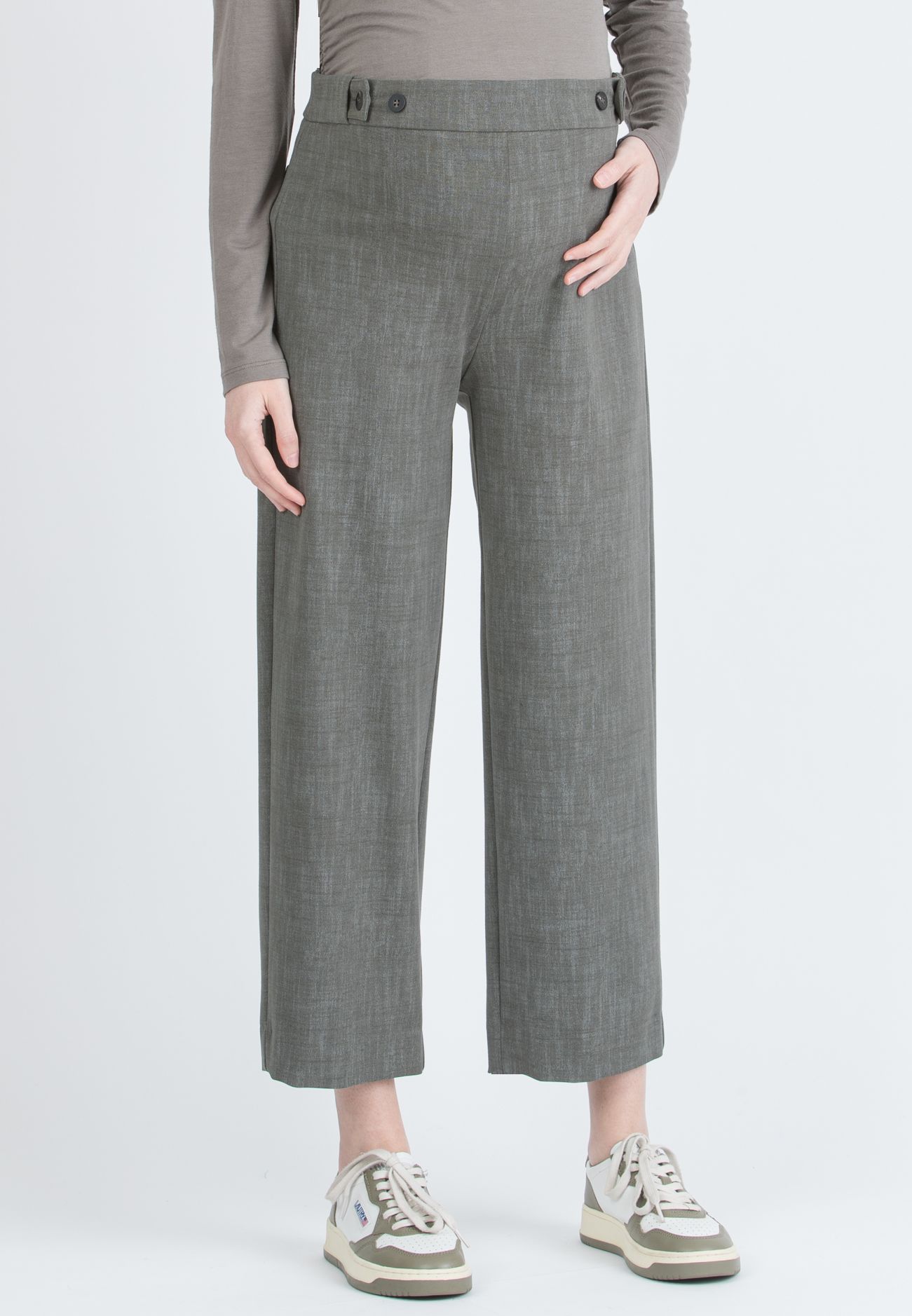 EVAN - Wide-leg Cropped Maternity Trousers with Adjustable Button Waist (Verde Militare)