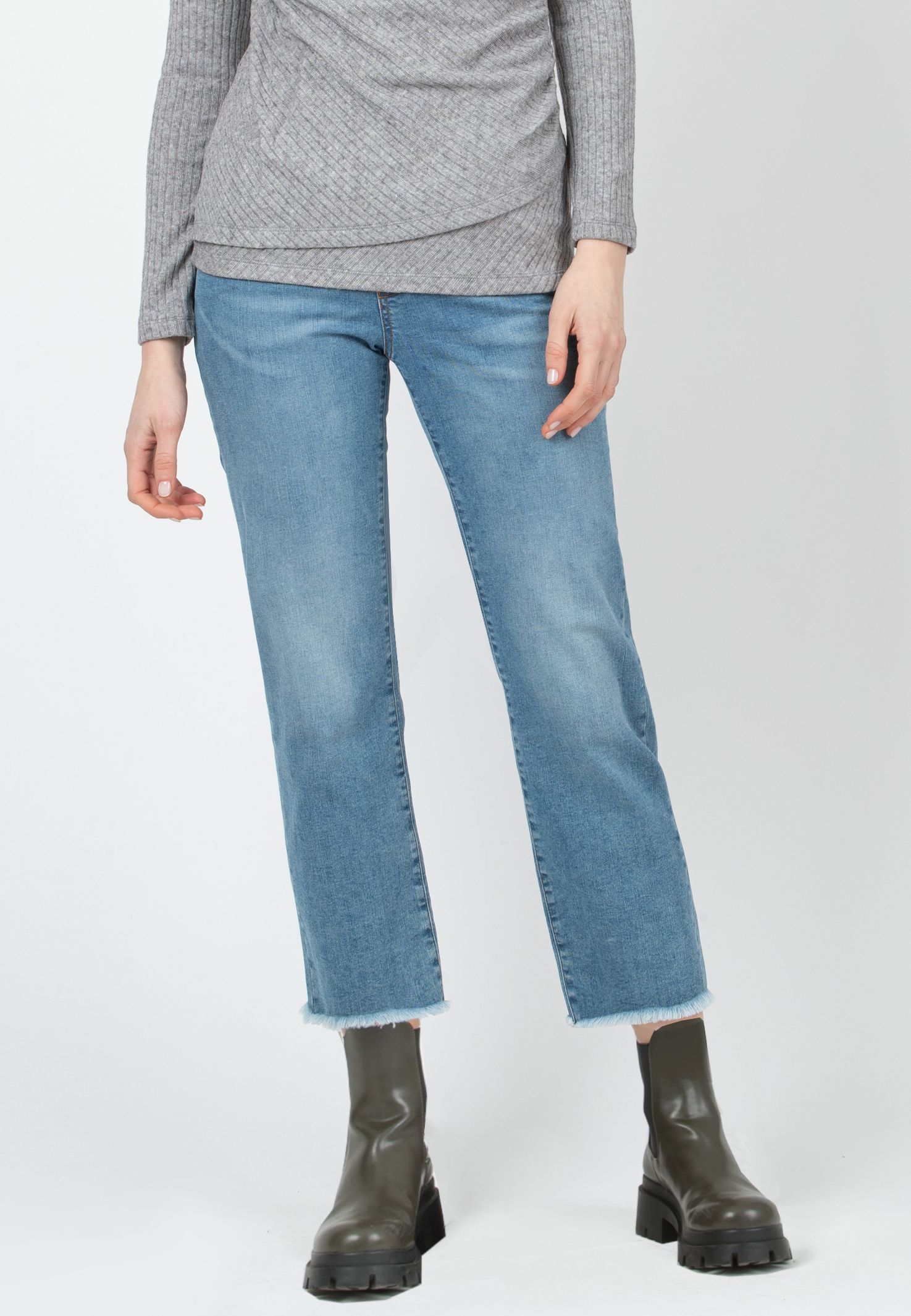 GIADA - Cropped Straight Maternity Jeans with Fringed Hem (Azzurro)