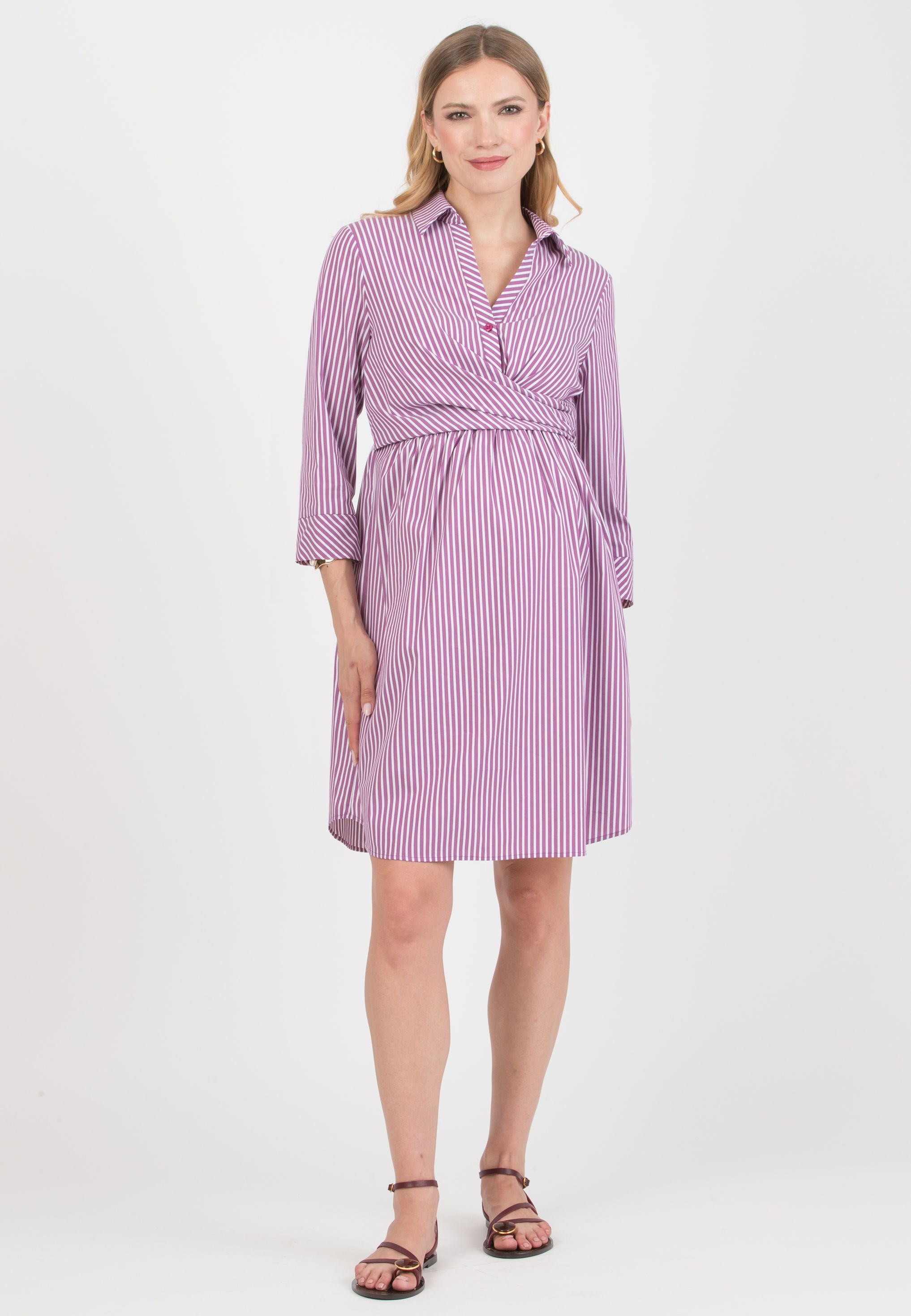 EMANUELA - Maternity & Nursing Striped Cotton Dress with Waistband (Viola)