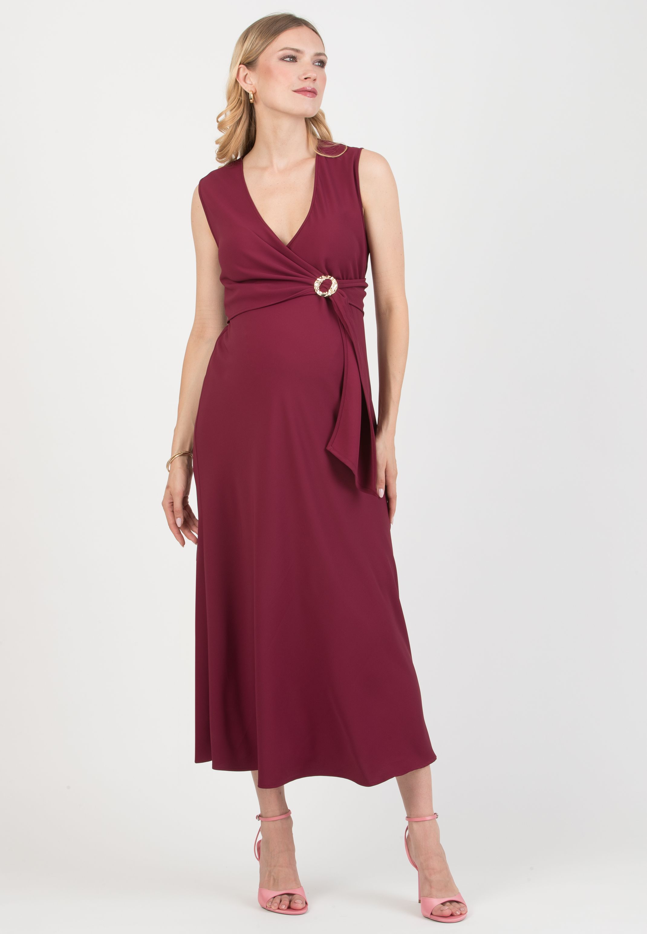 CLARISSA – Maternity & Nursing Bias-Cut Dress in Cady (Bordeaux)
