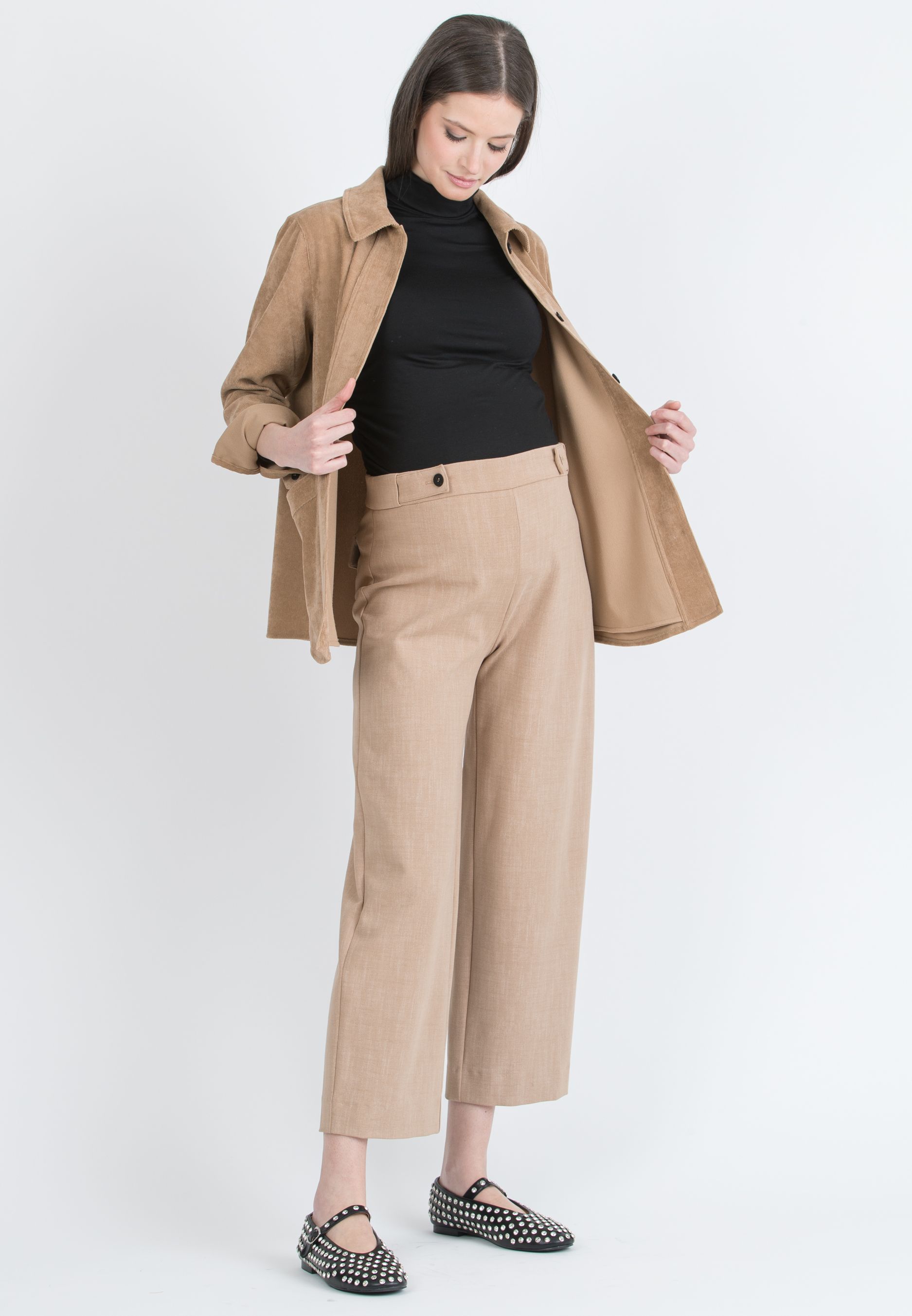 EVAN - Wide-leg Cropped Maternity Trousers with Adjustable Button Waist (Cammello)