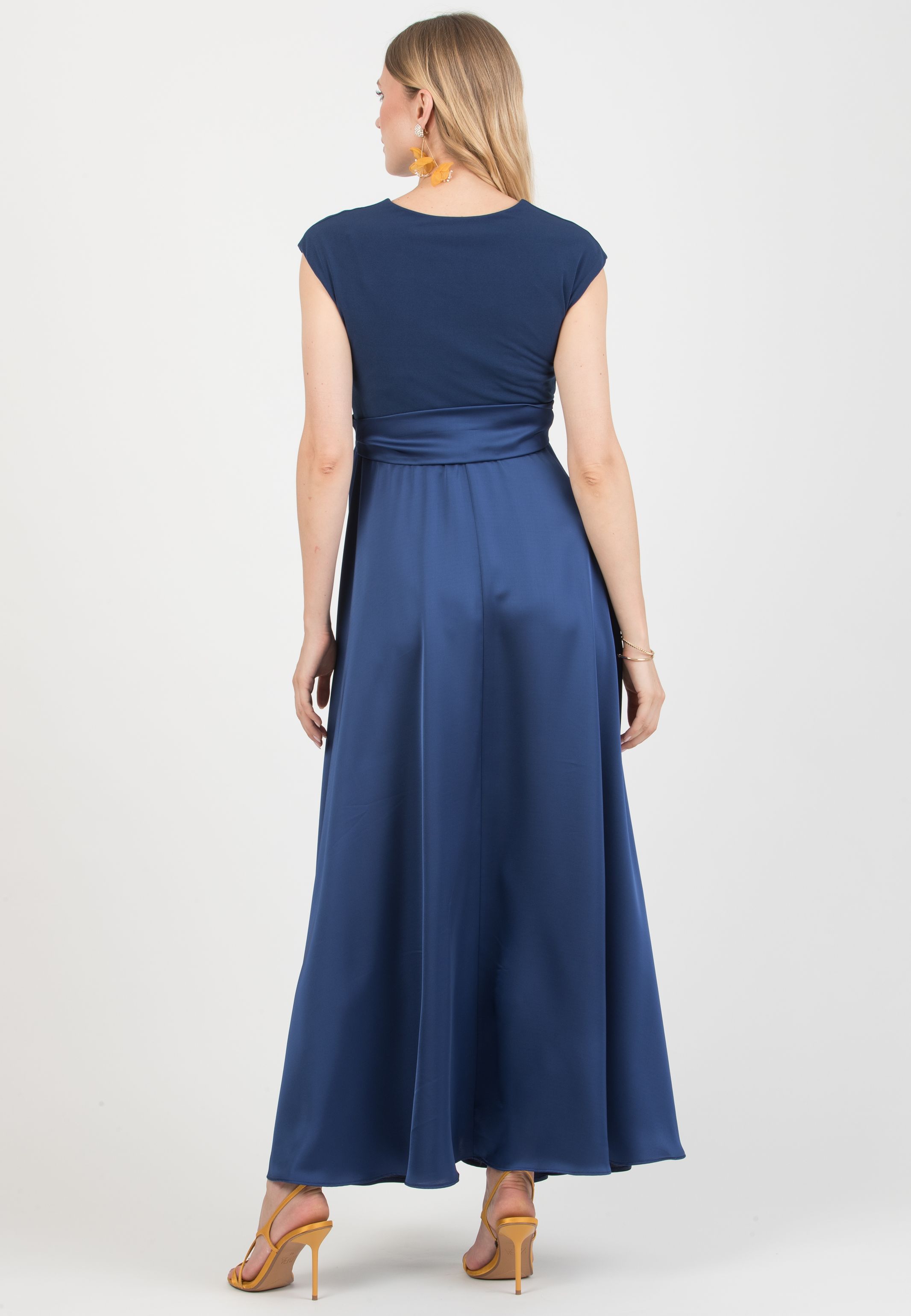 LUCREZIA - Maternity & Nursing Maxi Dress with Satin Skirt (Denim)