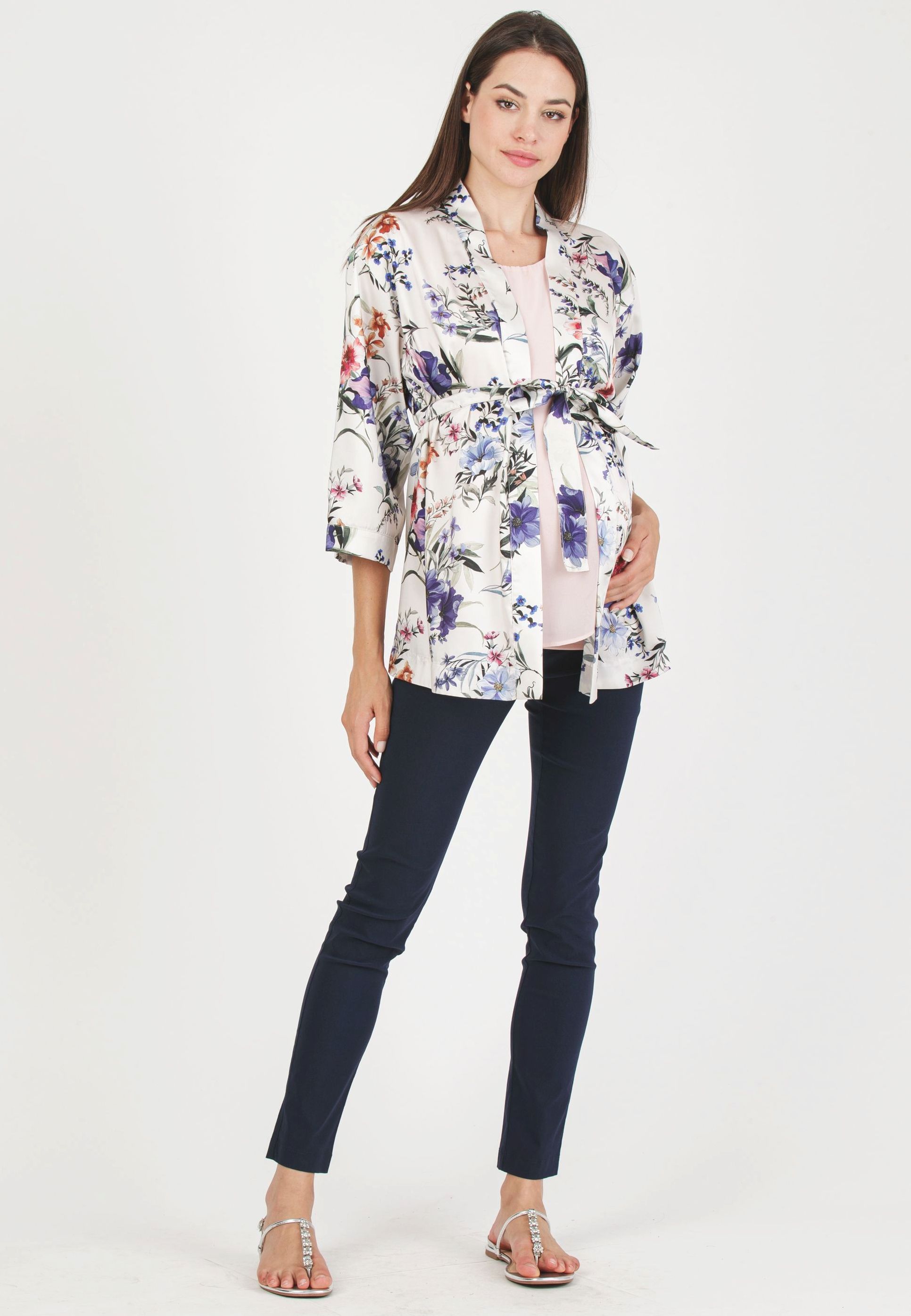 DALIA F - Maternity Kimono in Printed Satin (Avorio)