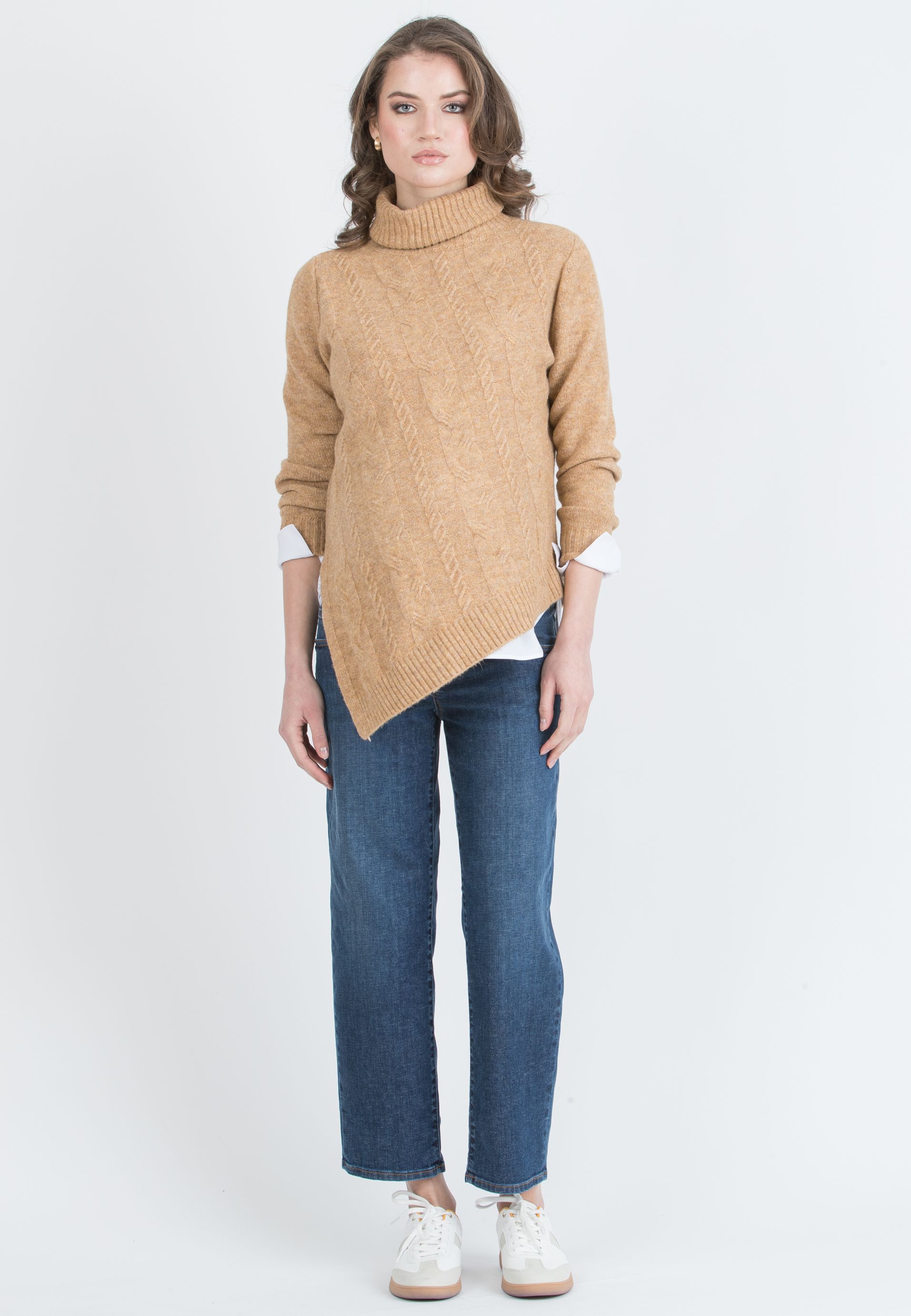 ANDREA - Asymmetric Maternity Jumper with Turtleneck and Cable Knit Detail (Cammello)