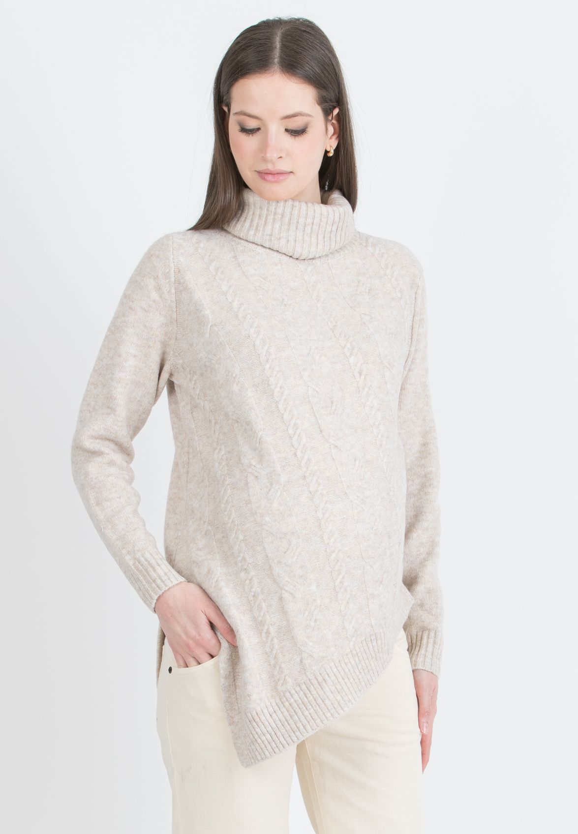 ANDREA - Asymmetric Maternity Jumper with Turtleneck and Cable Knit Detail (Naturale)