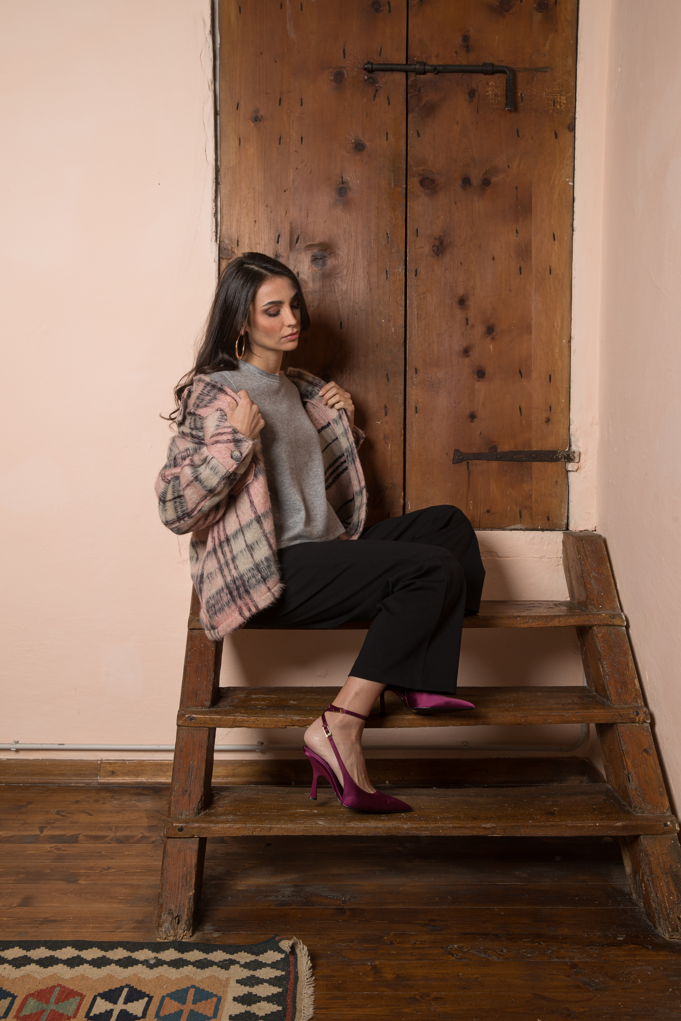 INDIA C – Short Maternity Coat in Virgin Wool with Pink Check Pattern and Pockets (Rosa)