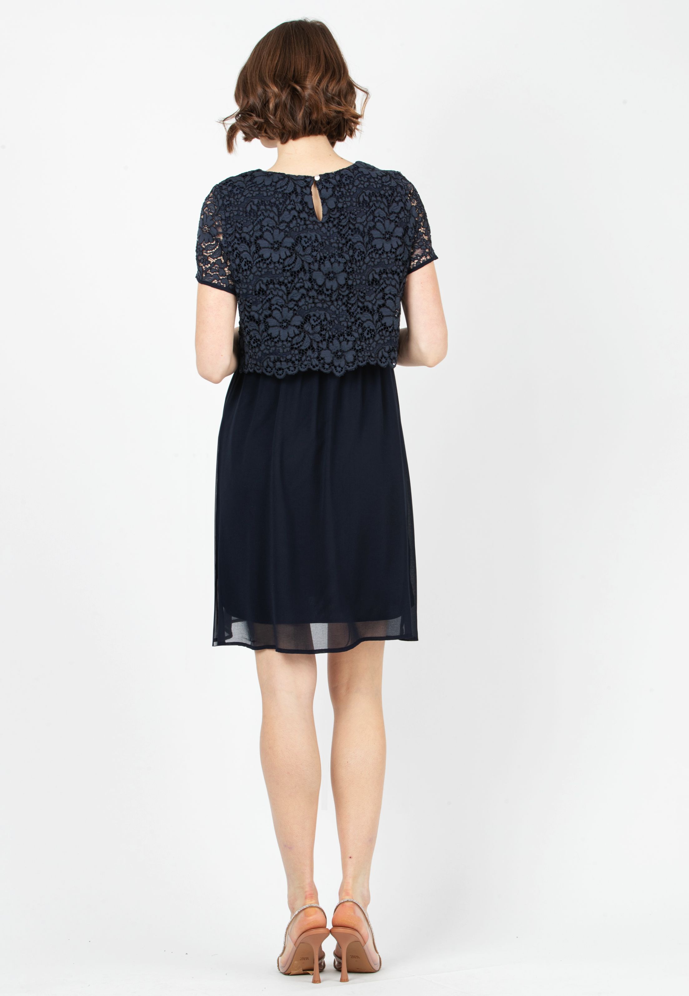 ELEONORA M/M GRS - Maternity & Nursing Dress in Lace and Recycled Chiffon (Blu Scuro)