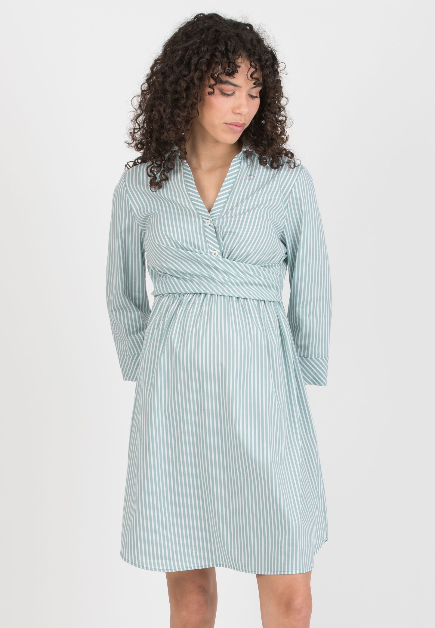 EMANUELA - Maternity & Nursing Striped Cotton Dress with Waistband (Verde Salvia)