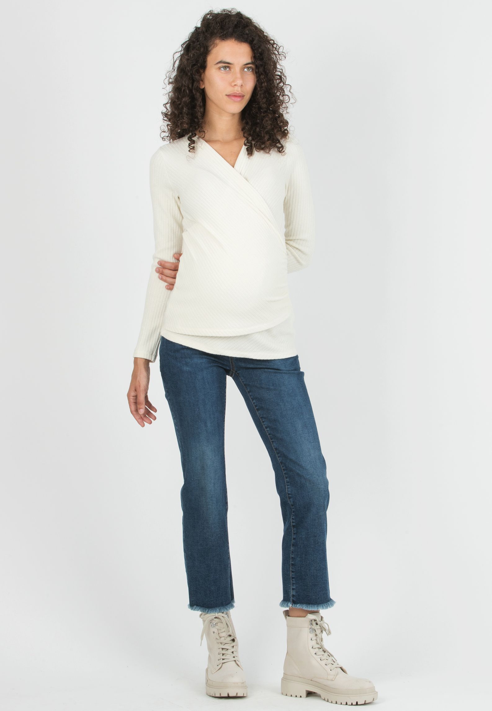 GIADA NAVY - Cropped Straight Maternity Jeans with Fringed Hem (Blu)