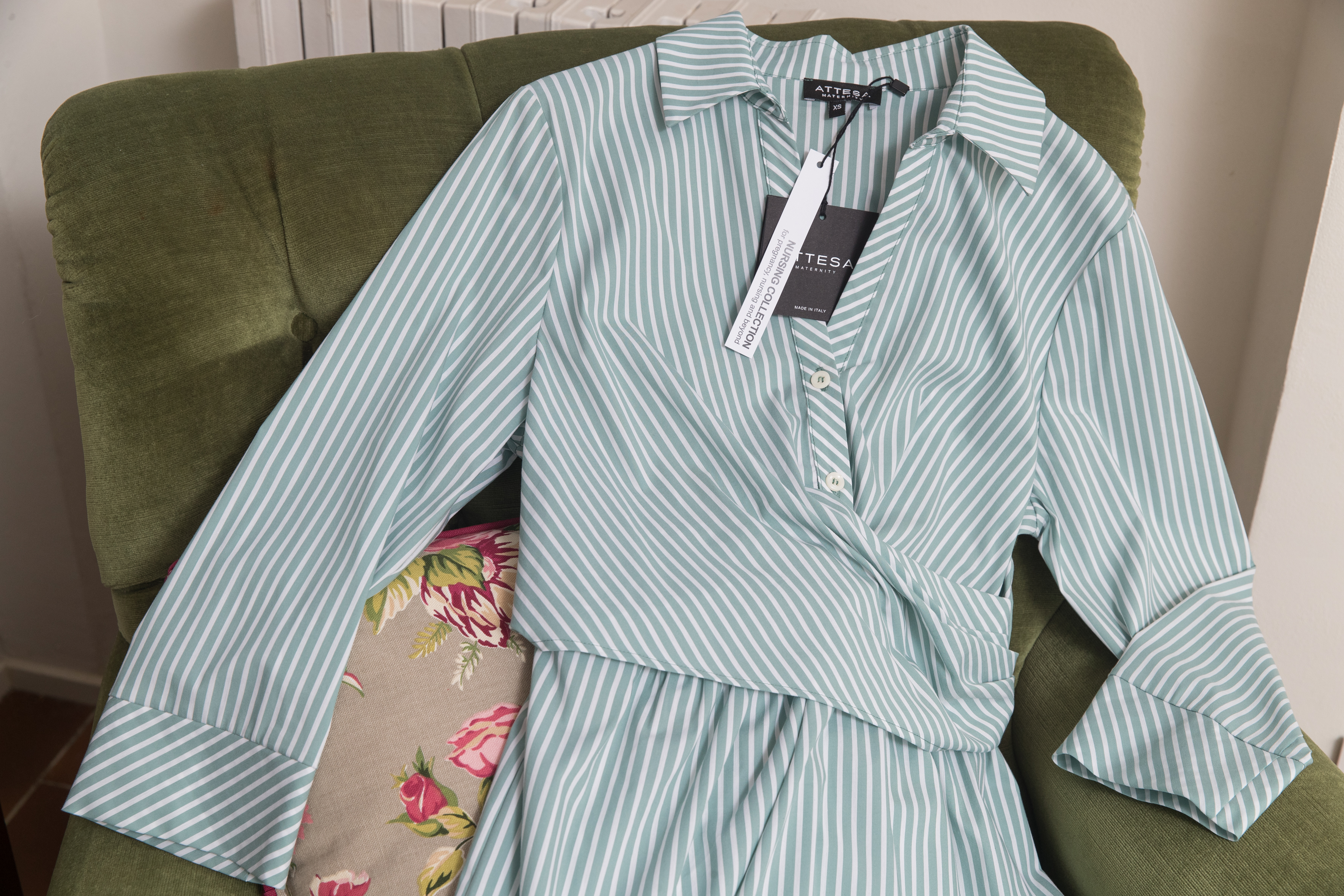 EMANUELA - Maternity & Nursing Striped Cotton Dress with Waistband (Verde Salvia)