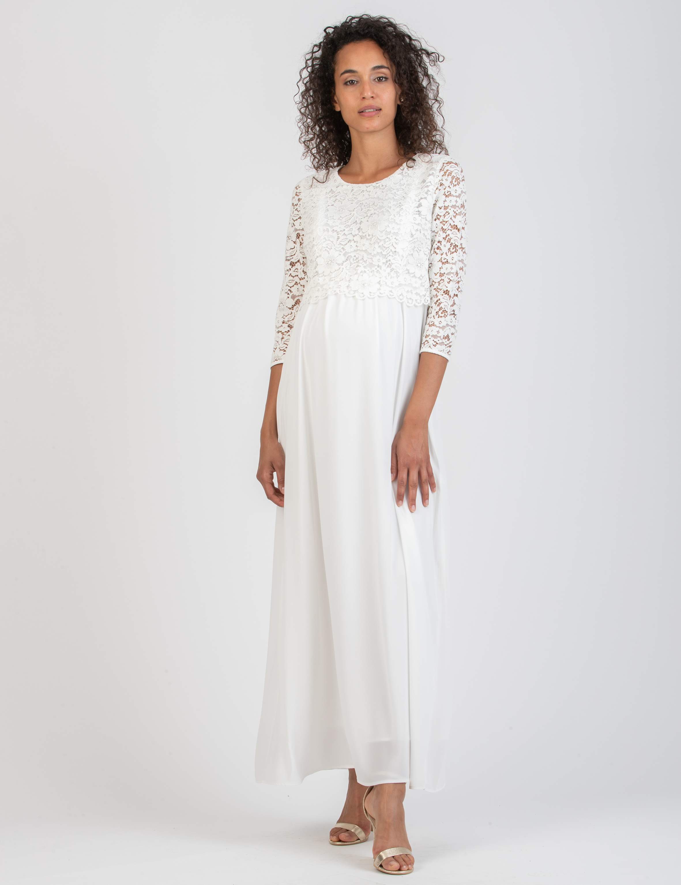 ELEONORA MAXI - Maternity & Nursing Dress in Lace and Chiffon (Avorio)