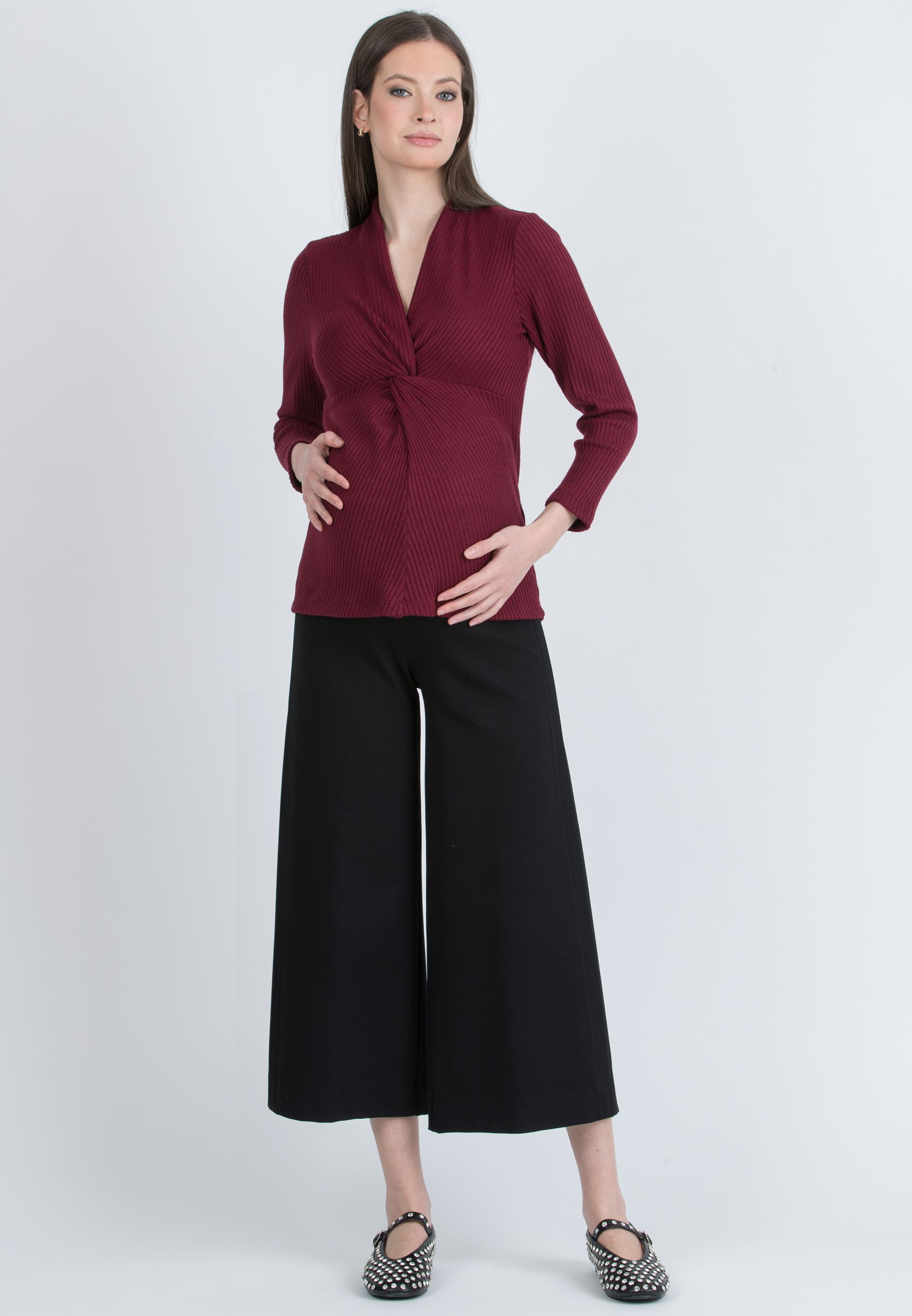 ISSA M – Maternity & Nursing Ribbed Knit Top with Knot Detail (Bordeaux)
