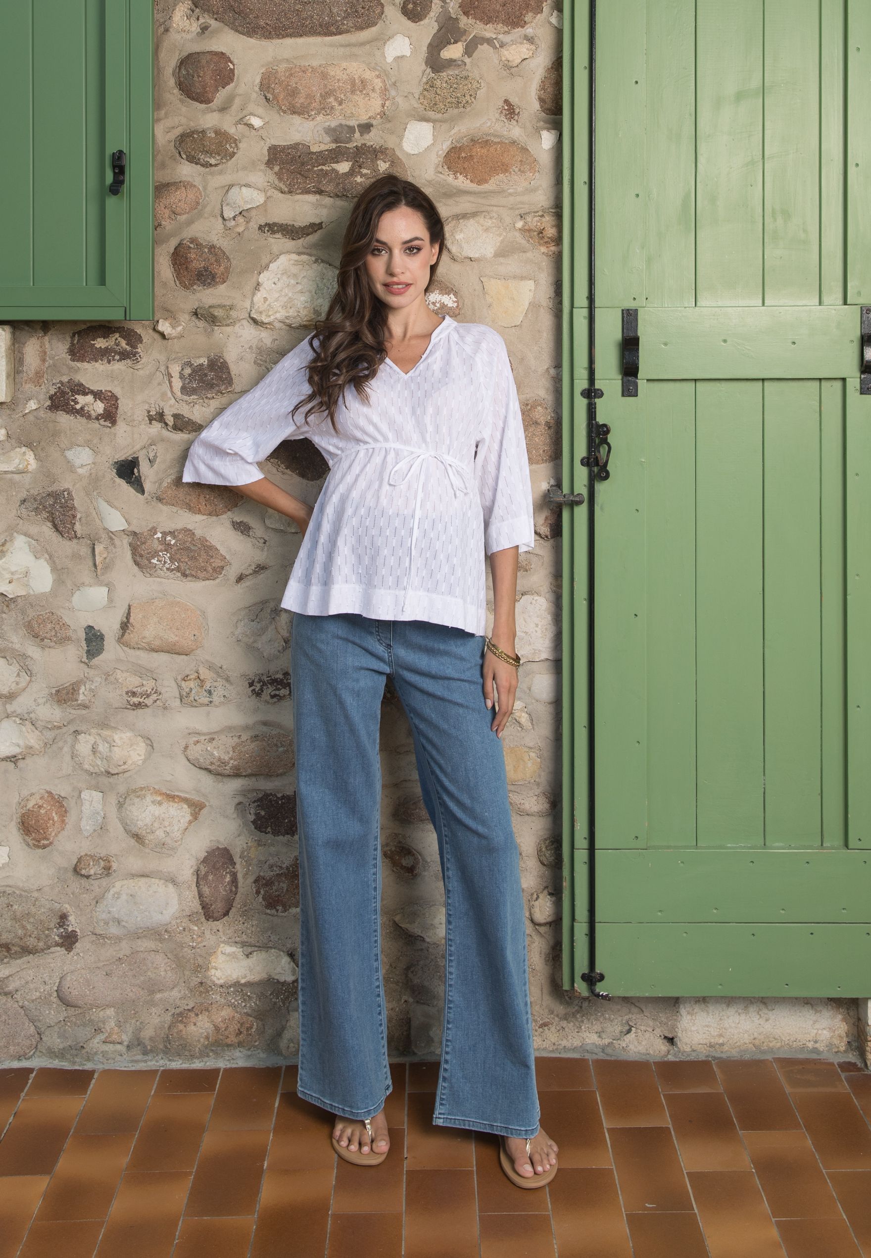 AVA - Maternity Sangallo Blouse with Adjustable Tie (Bianco  Ottico)