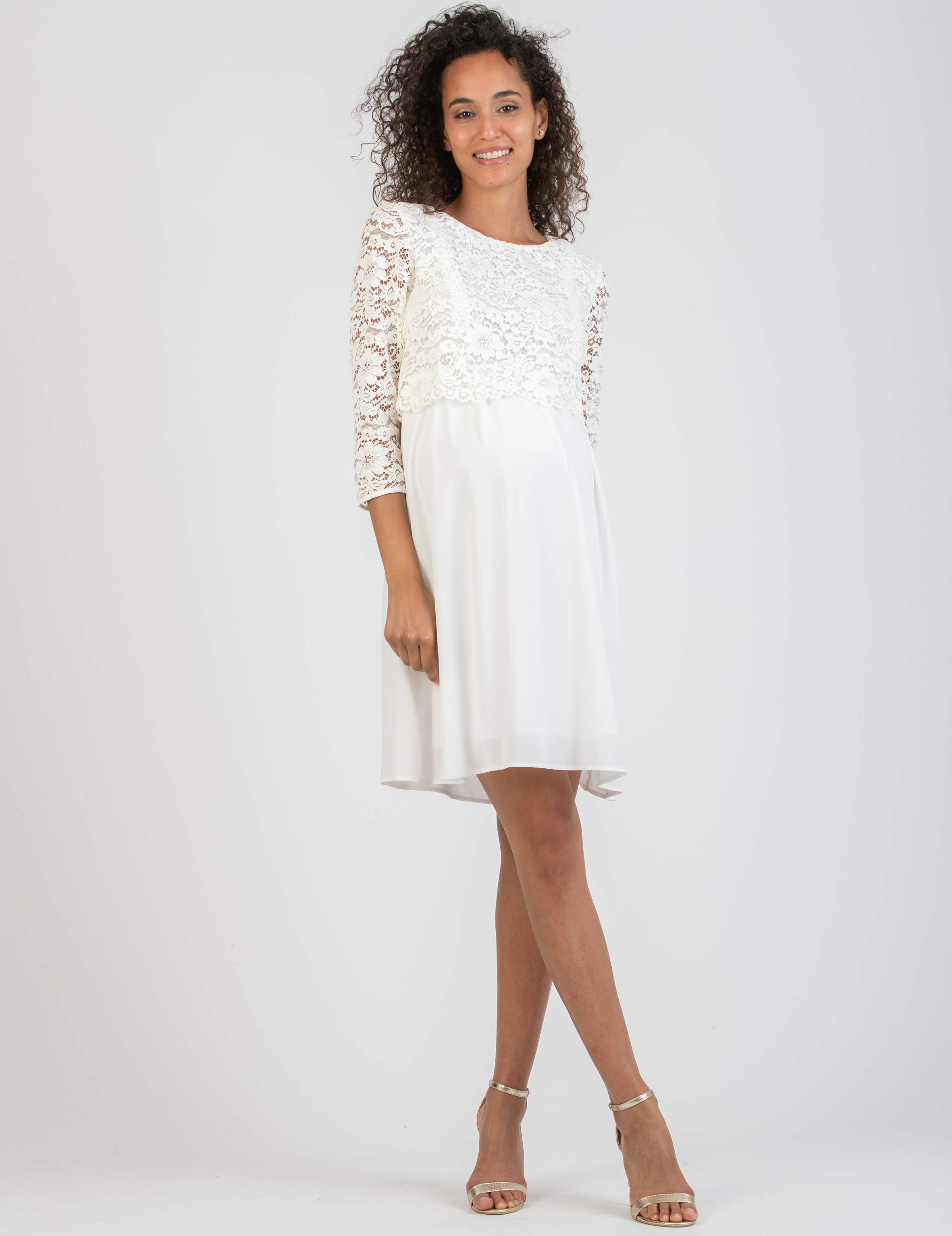 ELEONORA - Lace and Chiffon Maternity & Nursing Dress (Avorio)