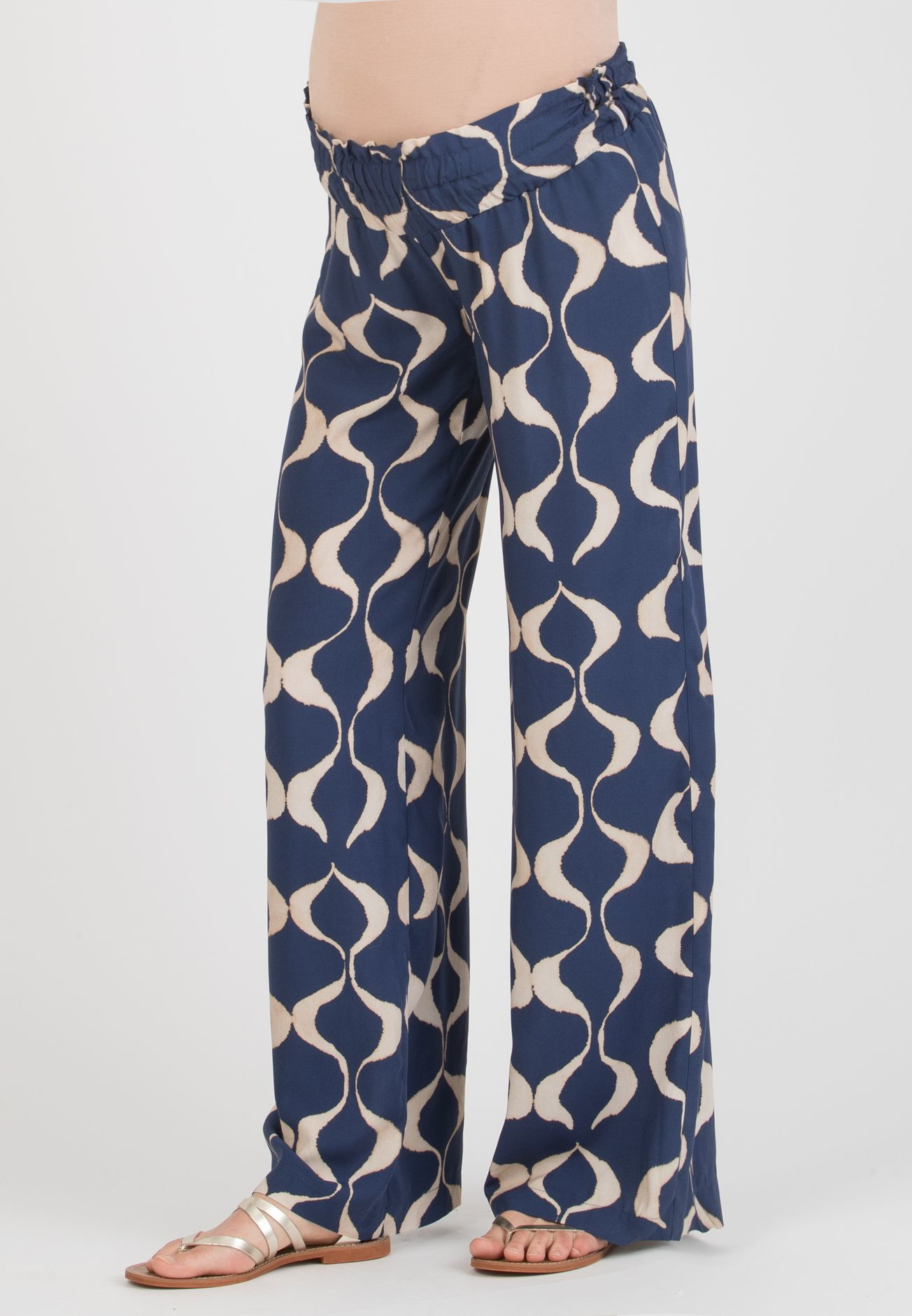GUENDALINA LG - Maternity Palazzo Trousers in Printed Viscose Satin (Blu)