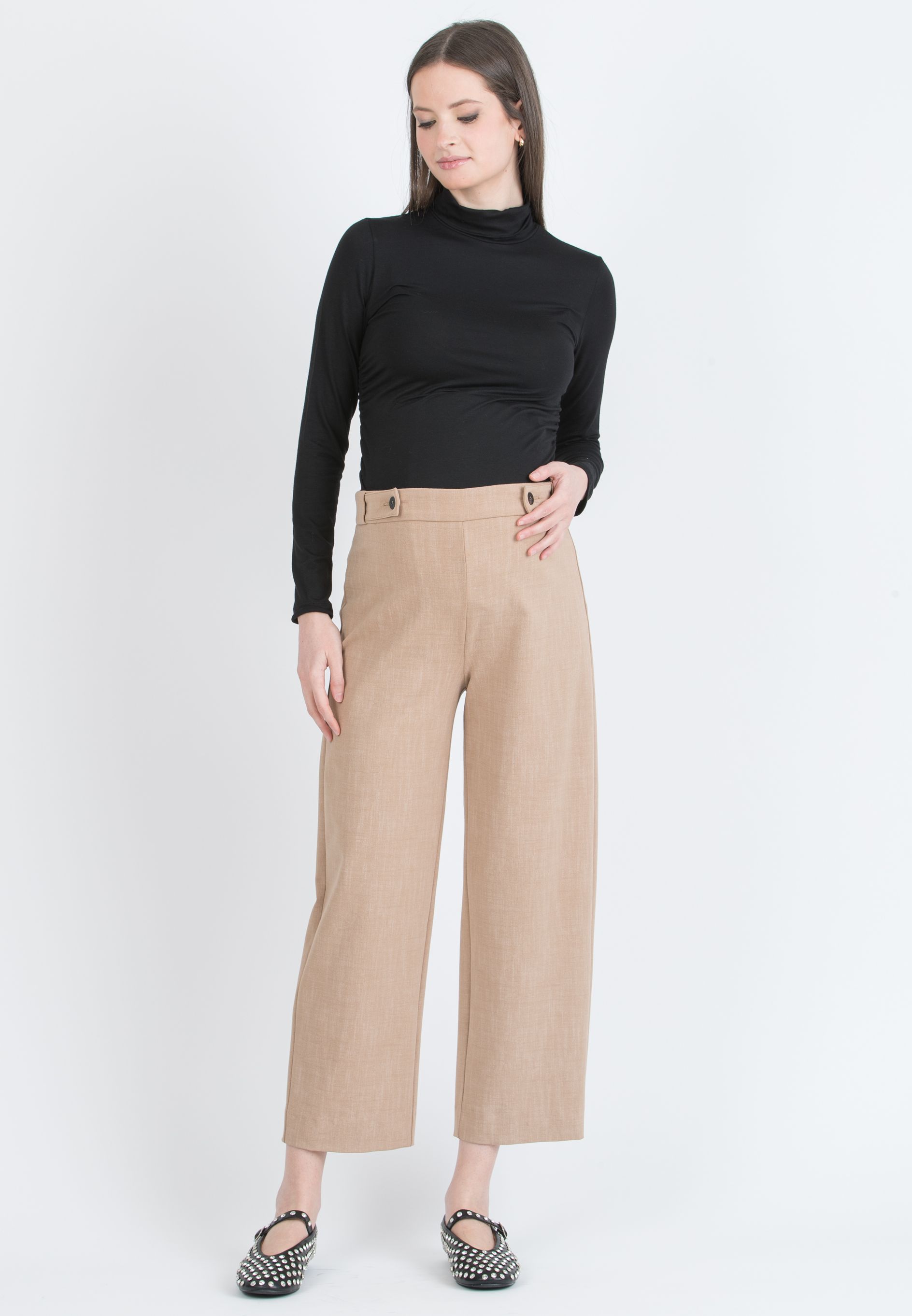 EVAN - Wide-leg Cropped Maternity Trousers with Adjustable Button Waist (Cammello)
