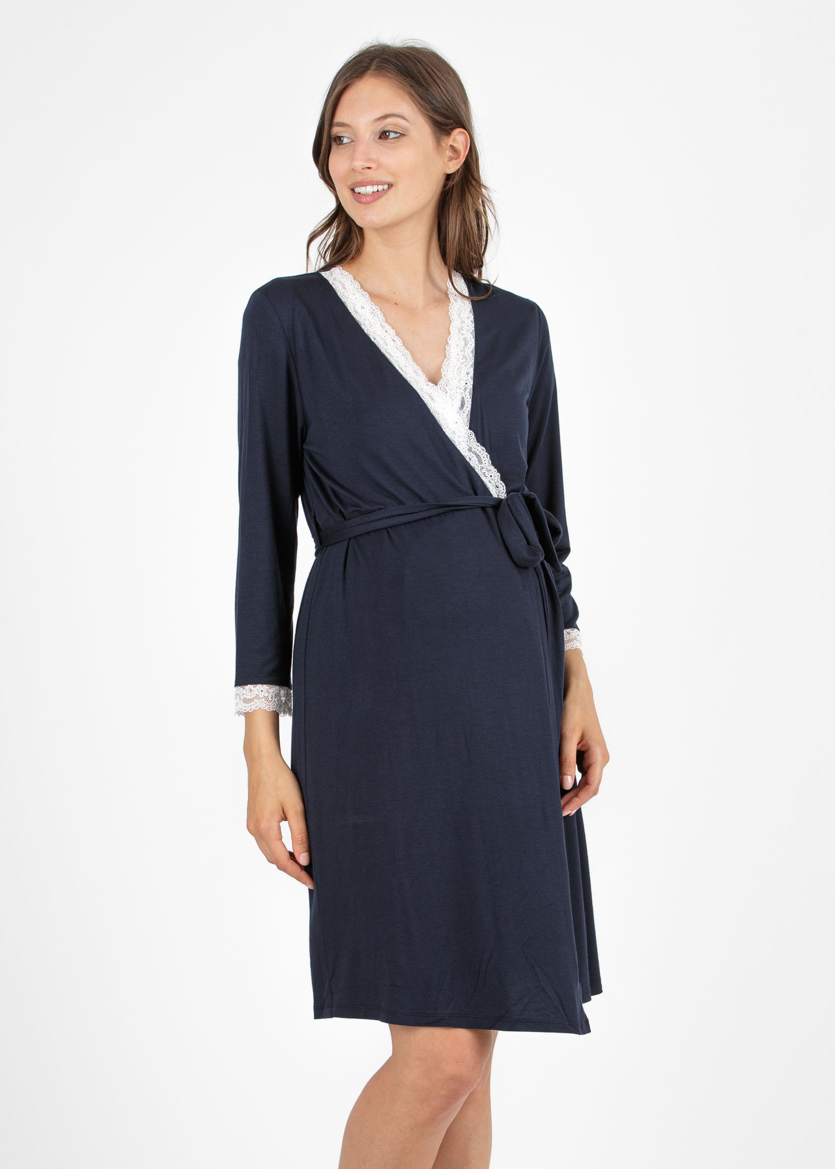 Maternity & Nursing Dressing Gown with Lace Details (Blu Scuro)
