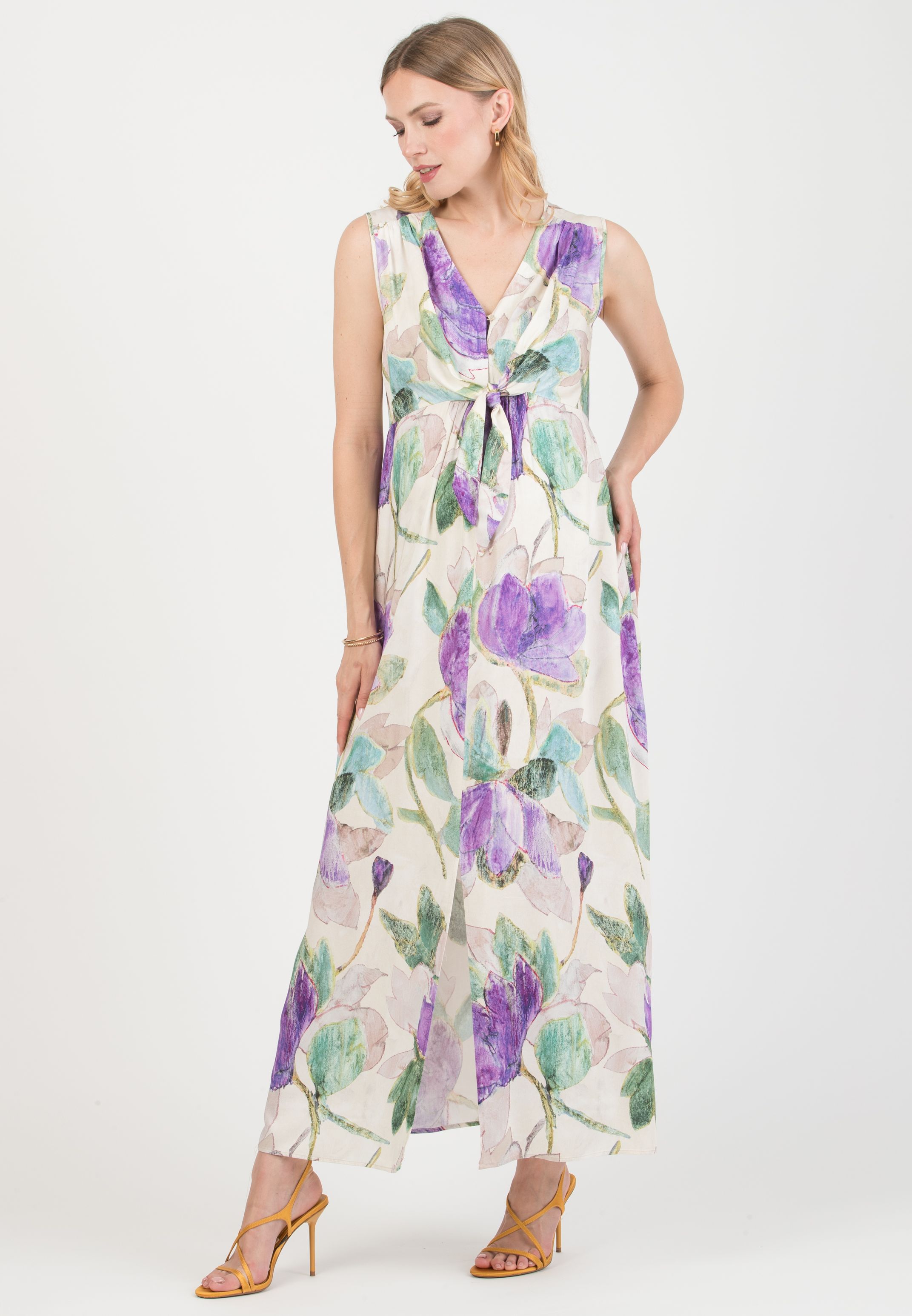BELEN MAXI - Maternity & Nursing Dress in Viscose Satin (Naturale)