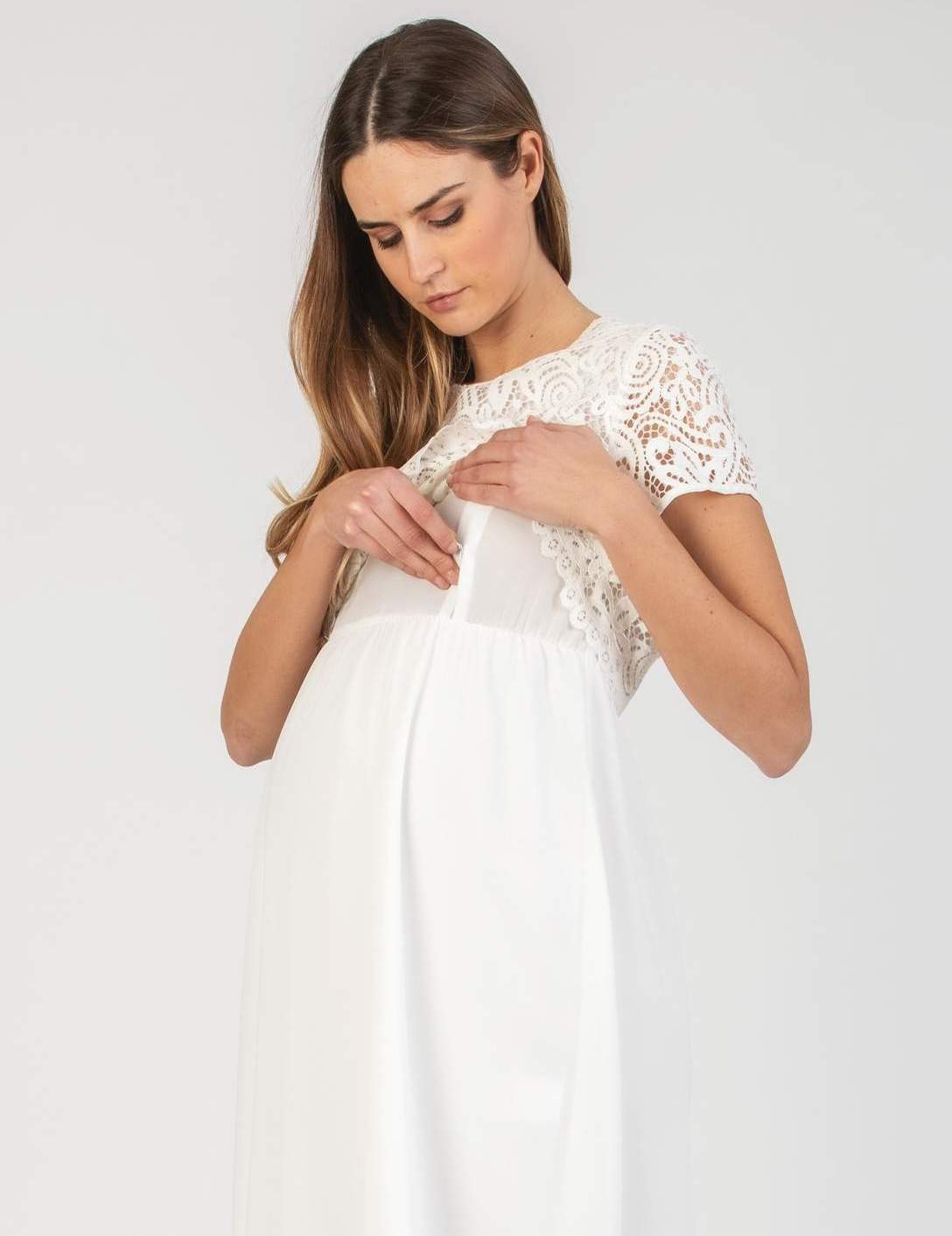 ELEONORA M/M GRS - Maternity & Nursing Dress in Lace and Recycled Chiffon (Avorio)