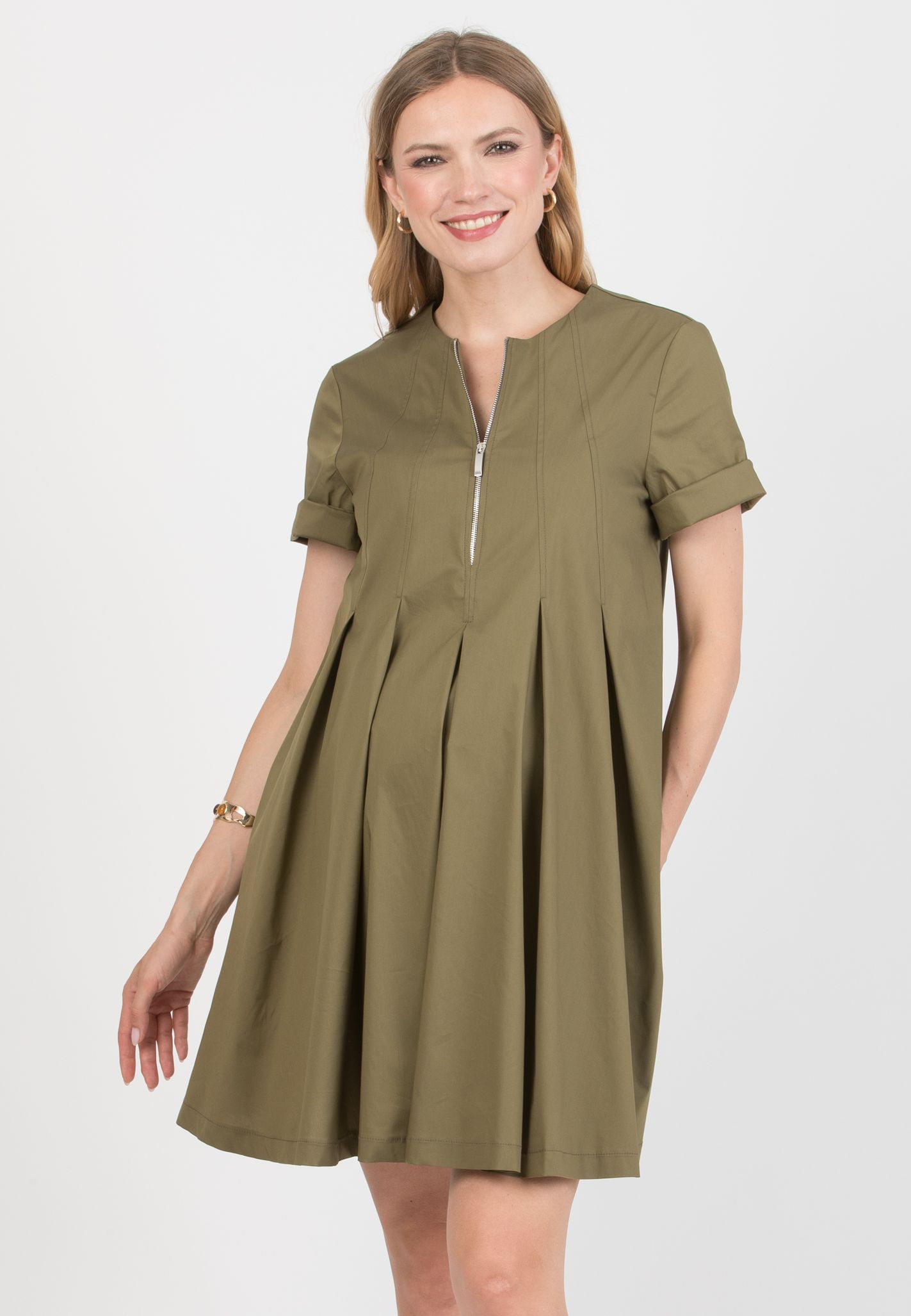 JULIET - Maternity & Nursing Dress in Stretch Cotton (Verde Militare)