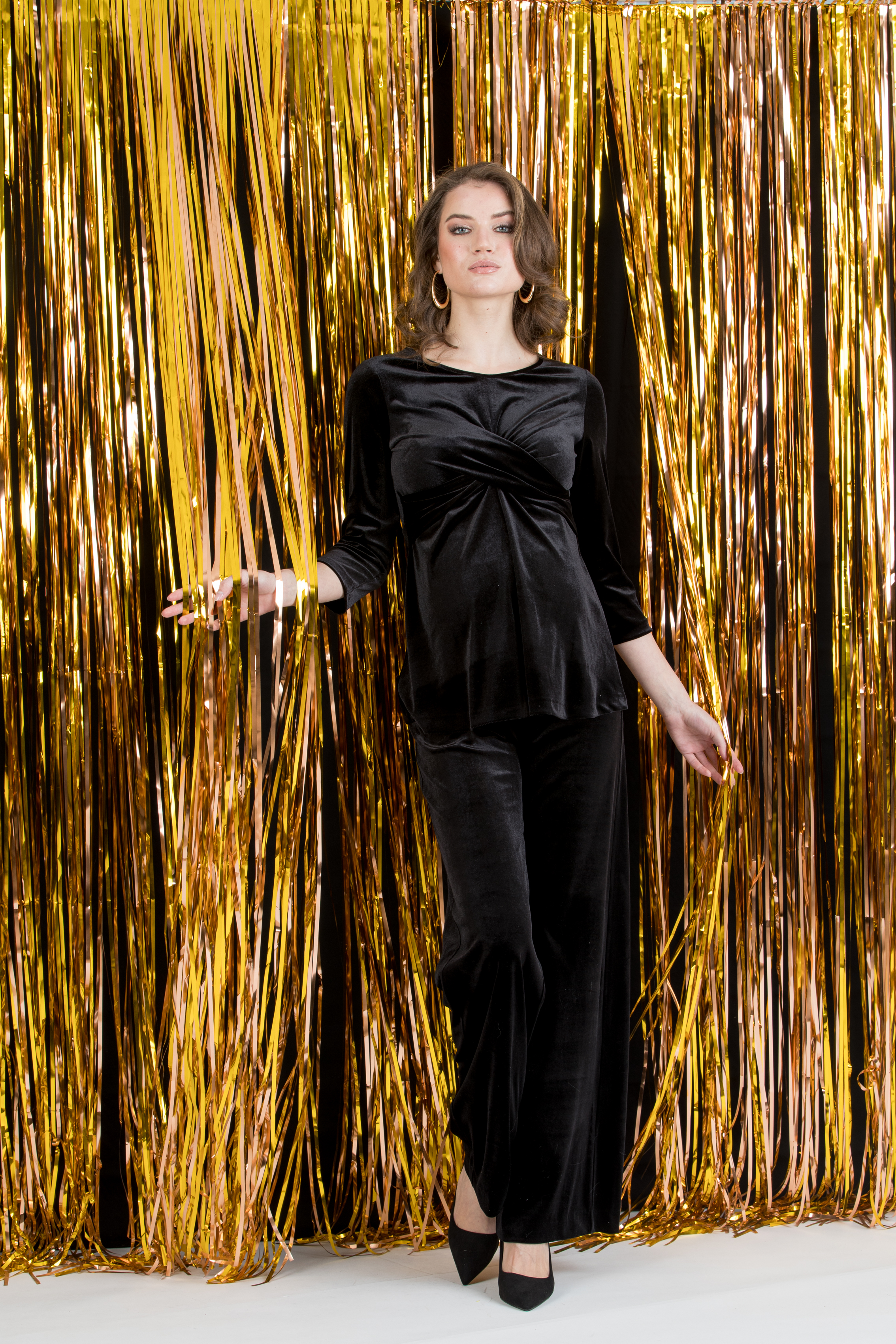 WINONA L – Maternity Palazzo Trousers in Smooth Velvet (Nero)