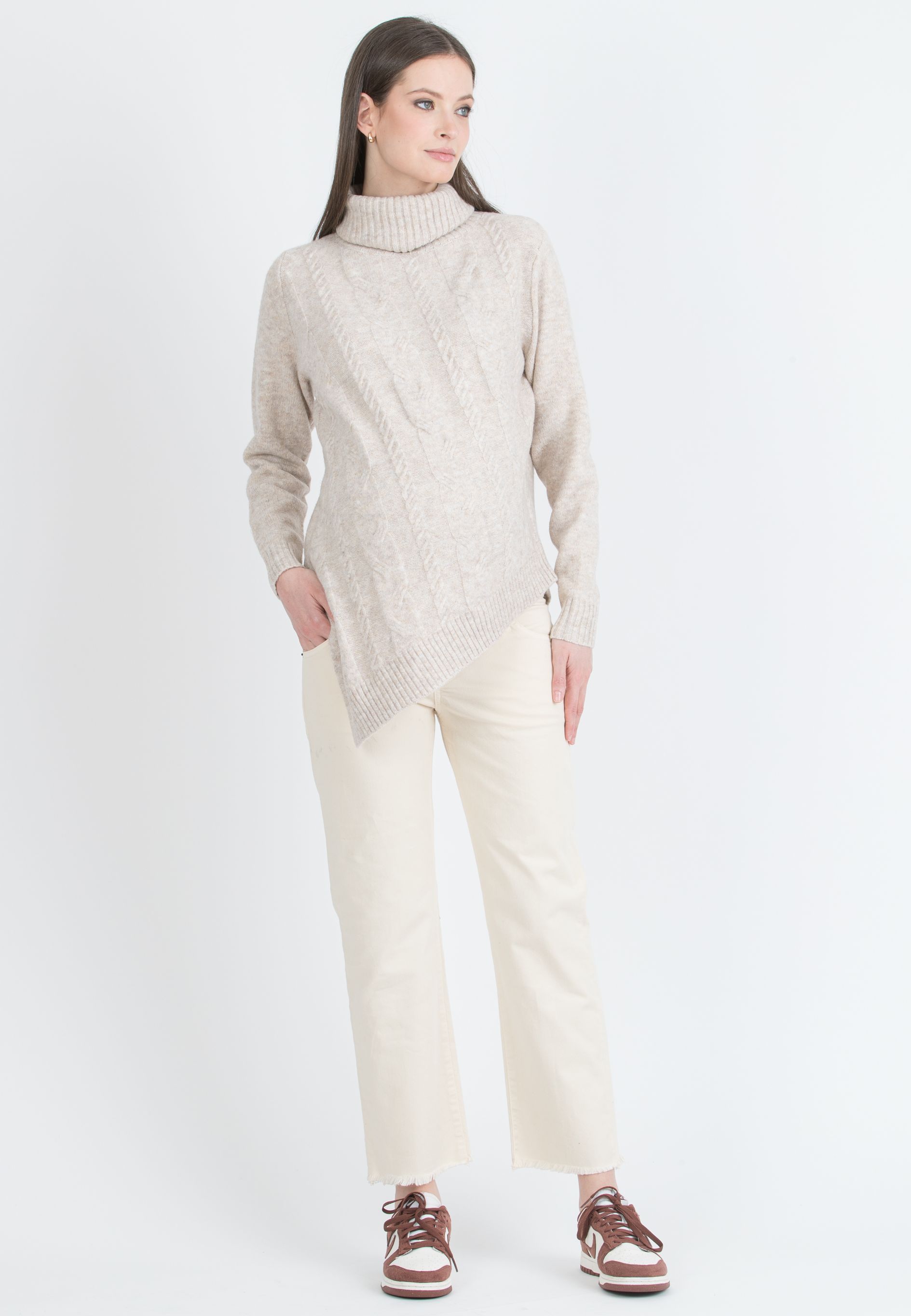 ANDREA - Asymmetric Maternity Jumper with Turtleneck and Cable Knit Detail (Naturale)