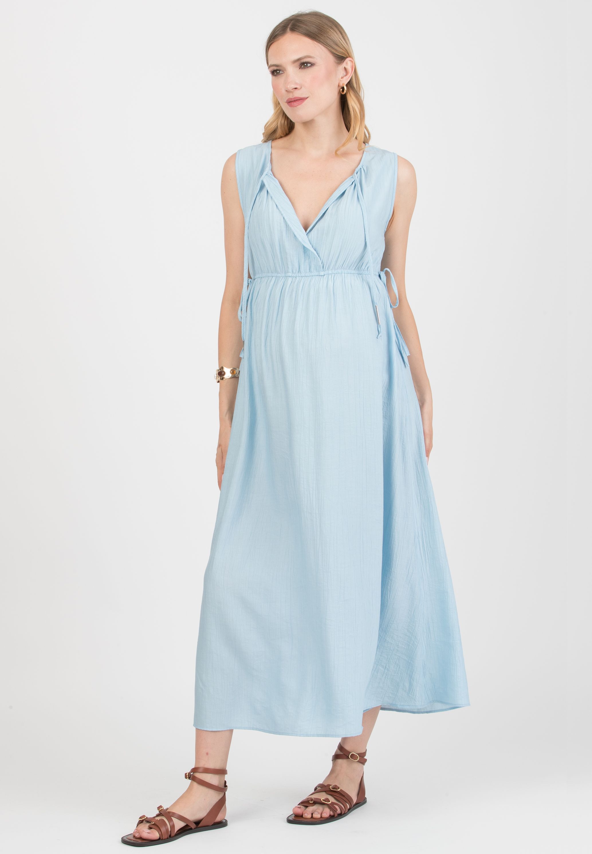 DEVA – Maternity & Nursing Dress in Viscose Crepe with Crossover Neckline (Azzurro)