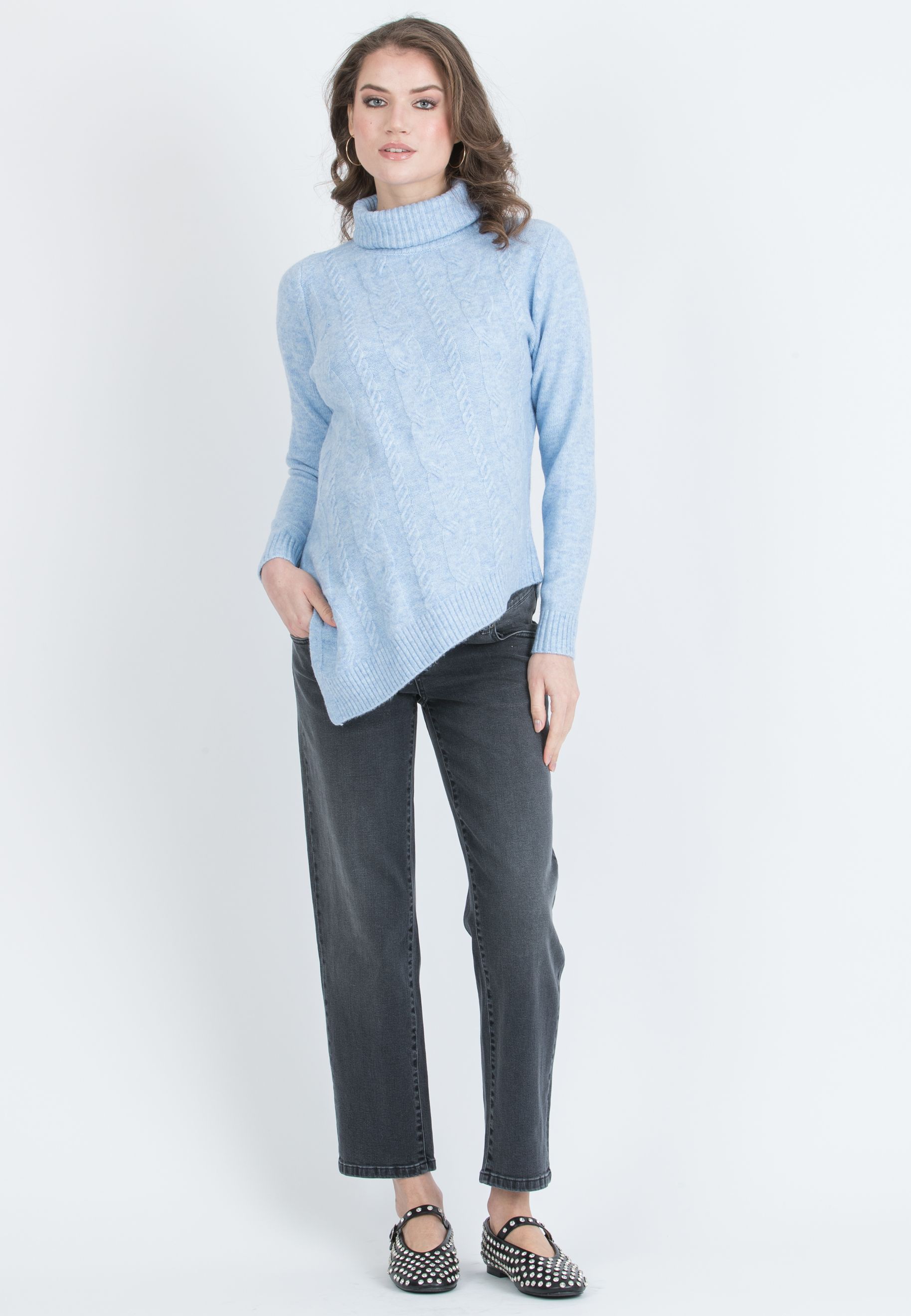 ANDREA - Asymmetric Maternity Jumper with Turtleneck and Cable Knit Detail (Azzurro)