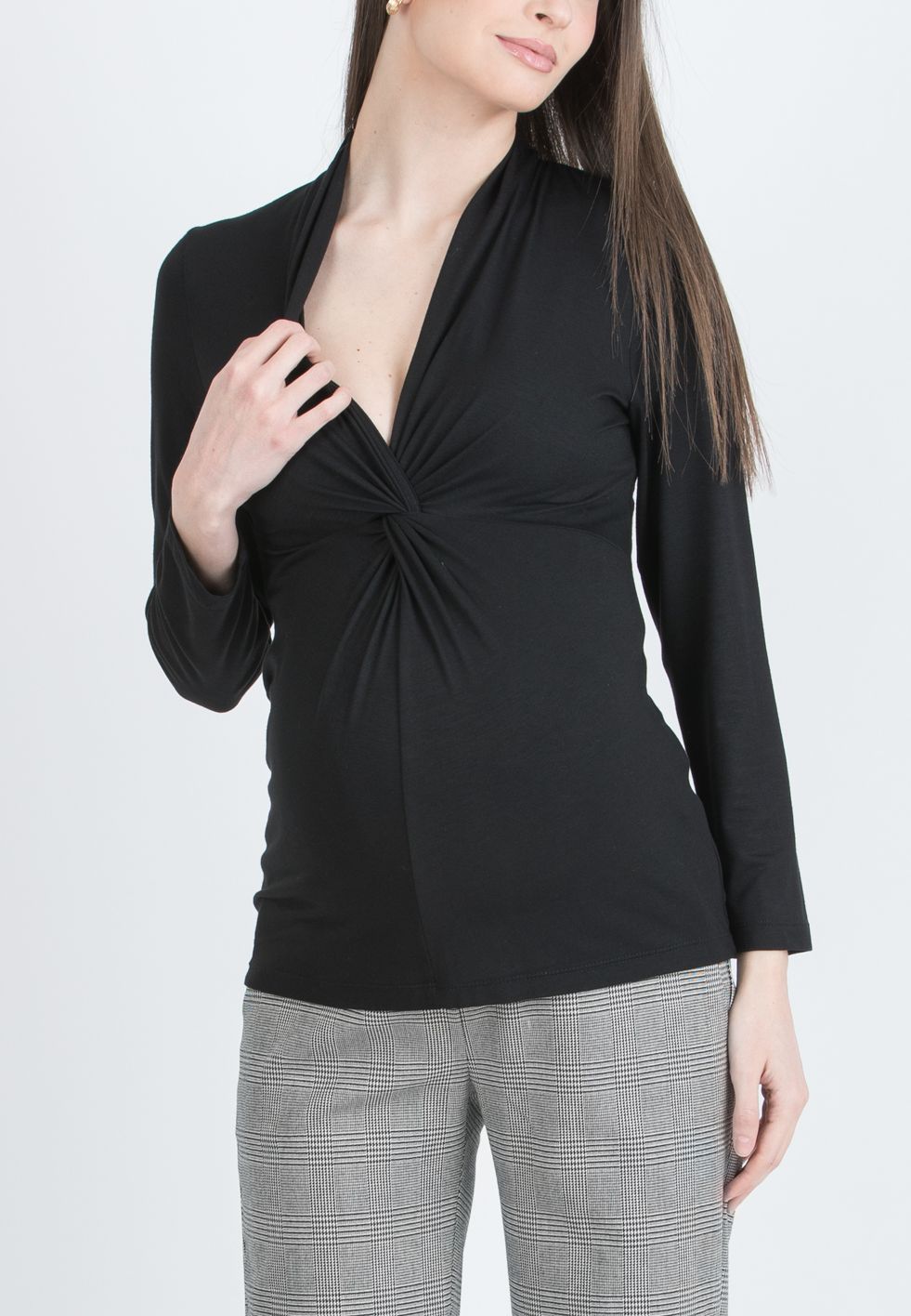 ISSA J – Maternity & Nursing Top in Stretch Viscose Jersey with Front Knot (Nero)